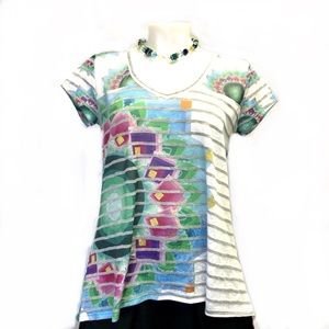 Desigual Women's V neck high /low t-shirt size L colorful artsy